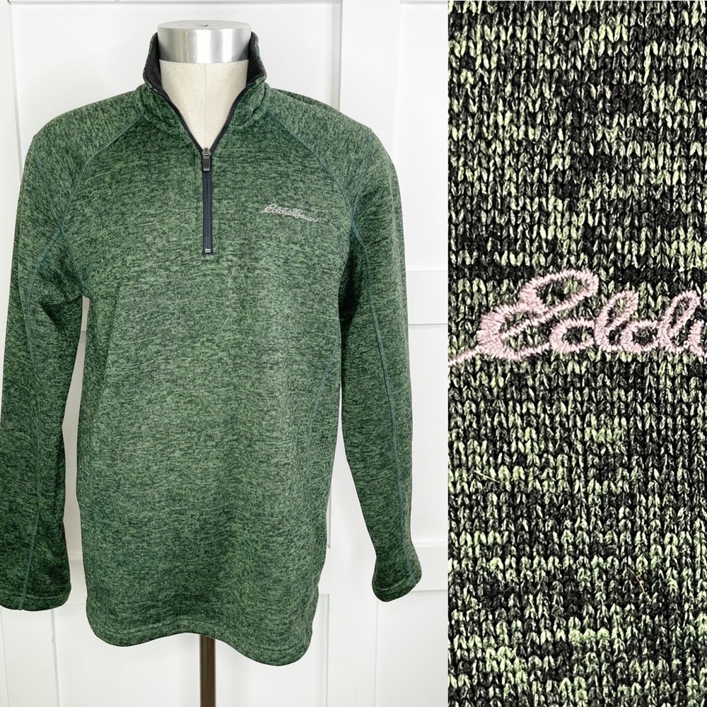 Eddie Bauer Men’s Medium Black and Green Quarter Zip Pullover Sweater